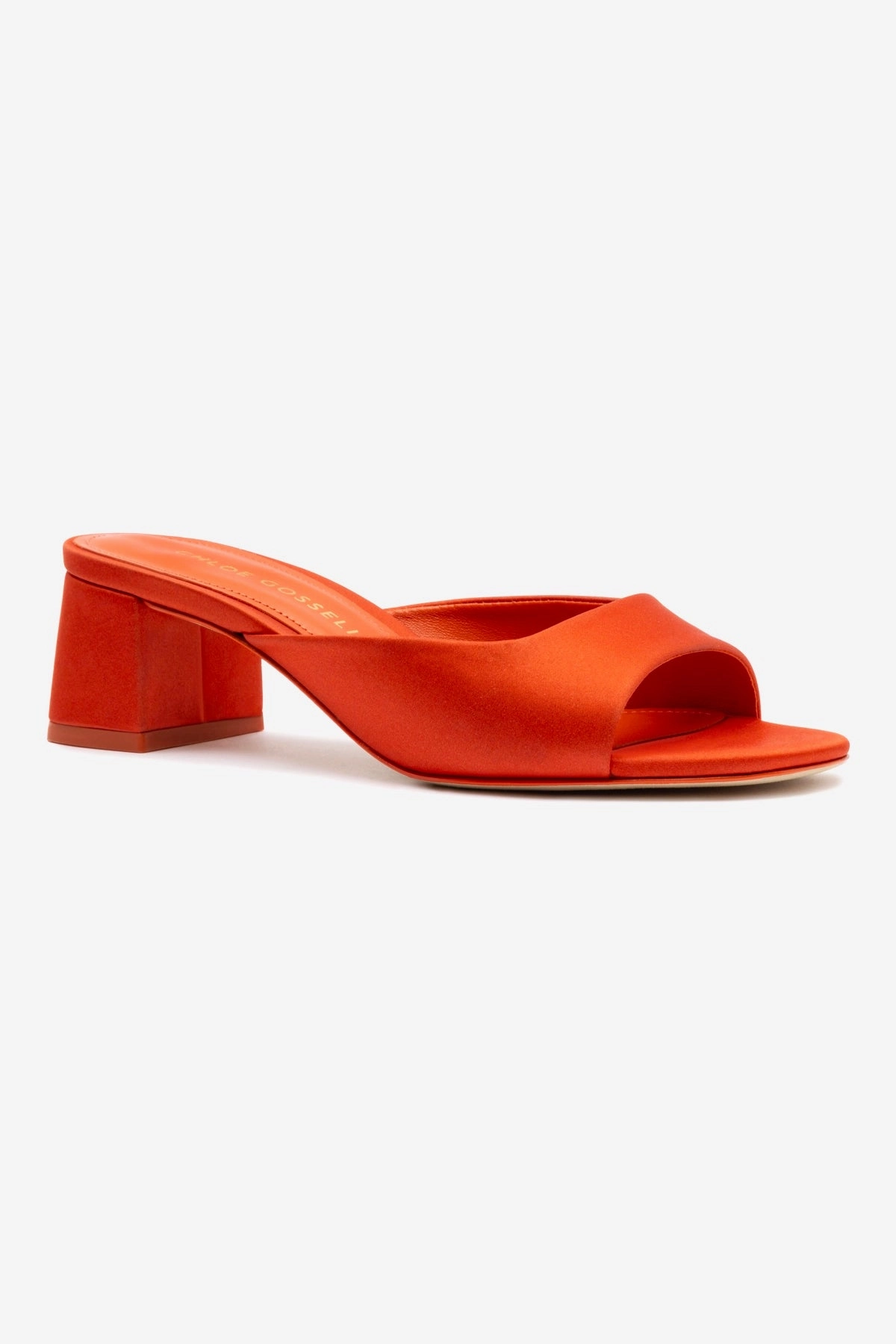 Comfortable Design Chloe Gosselin by Larroud Anah Mule In Orange Sunrise Satin