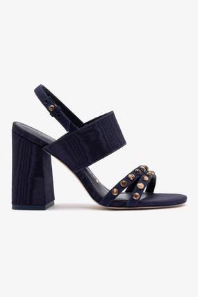 Wide toe box Durable Rubber Outsole Chloe Gosselin by Larroud Margot Sandal In Deep Navy Suede and Navy Satin