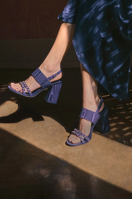 Energy Rise Chloe Gosselin by Larroud Margot Sandal In Deep Navy Suede and Navy Satin
