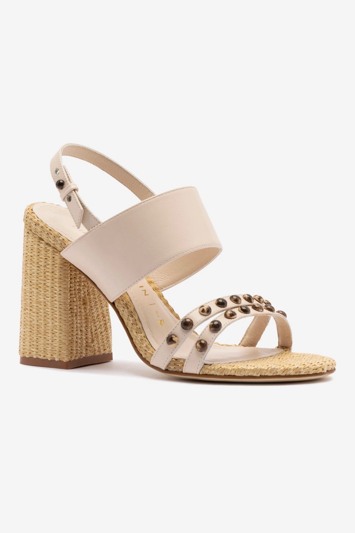 Chloe Gosselin by Larroud Margot Sandal In Puff Cream Leather and Natural Raffia Thermoformed Heel Counter Shine Silver
