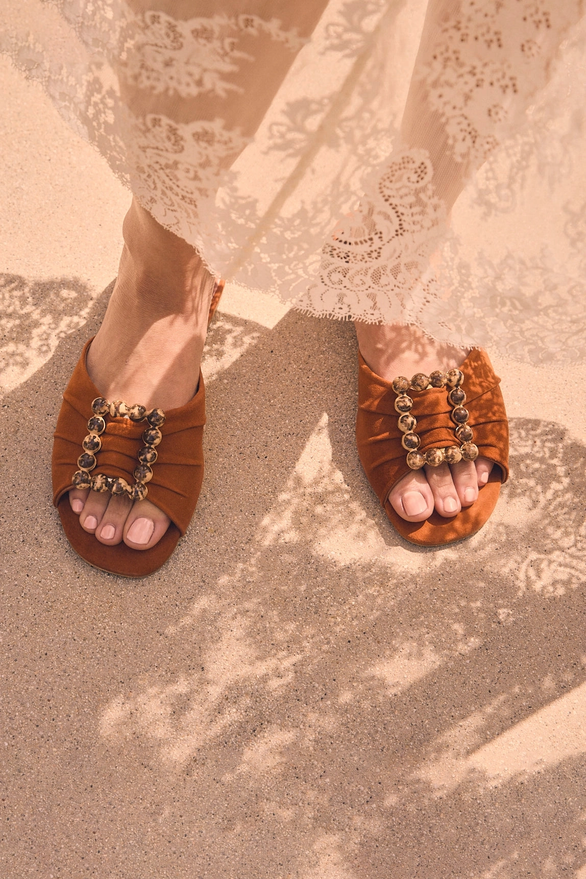 Chloe Gosselin by Larroud Nova Flat In Chestnut Suede Multi Directional Tread Pattern