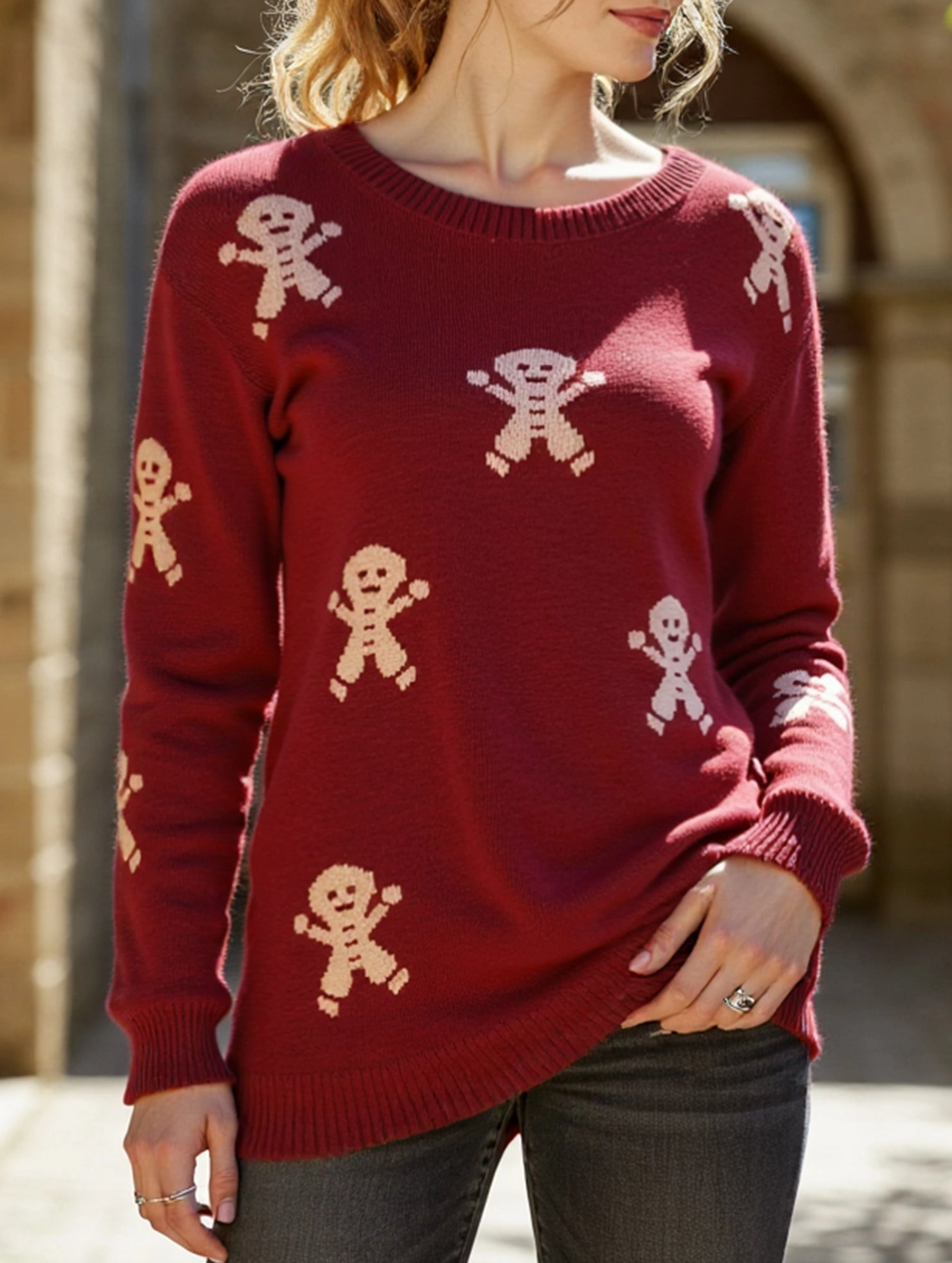 HeatRegulating Christmas cartoon embroidered crew neck sweater