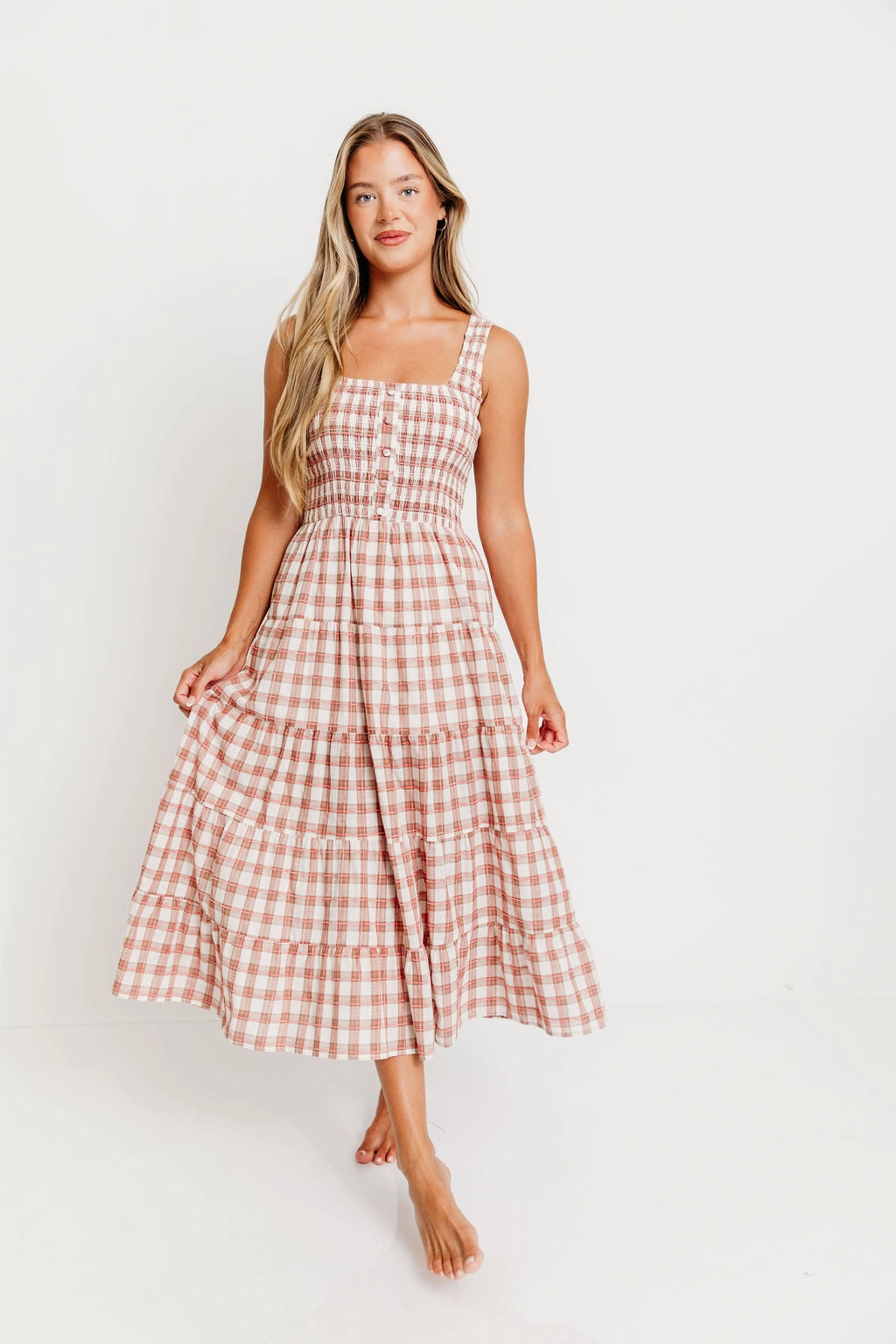 Striped-Pattern Eileen Plaid Maxi Dress in Pink