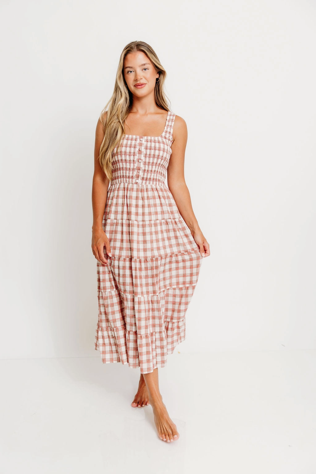 flattering appearance Body Ease Eileen Plaid Maxi Dress in Pink
