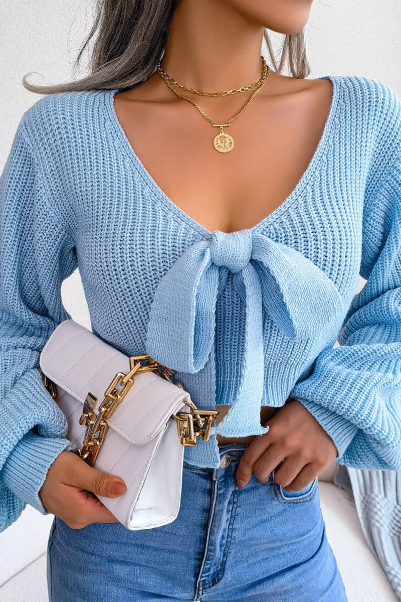 Layered Ply Construction WOMEN FRONT BOW TIED SEXY CROP KNIT SWEATSHIRTS