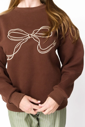 CompressionFit Interlock Stitching Claire Embroidered Bow Sweatshirt in Chocolate *Final-Sale*