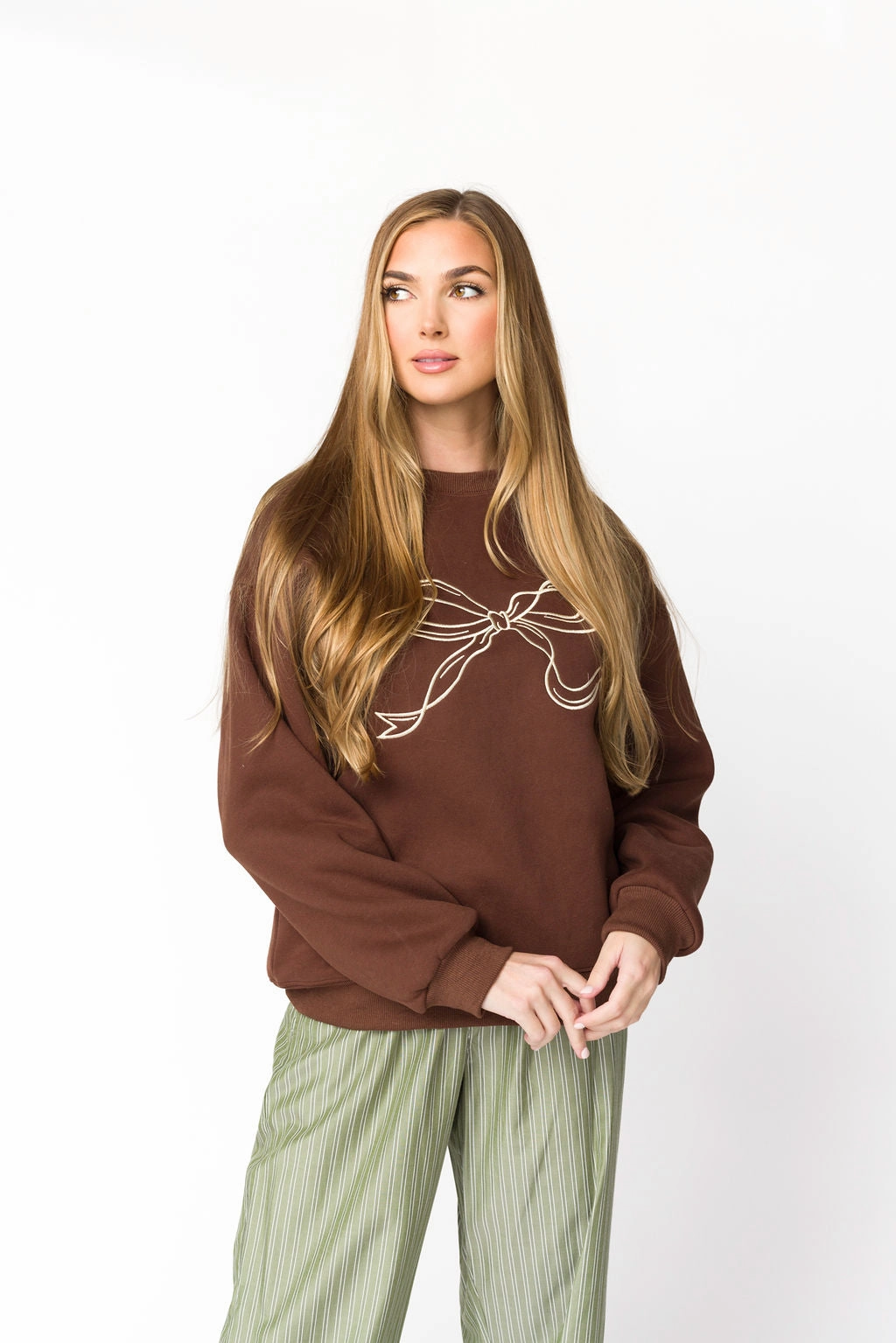 Odor Neutralizing Technology MicrofiberBlend Claire Embroidered Bow Sweatshirt in Chocolate *Final-Sale*