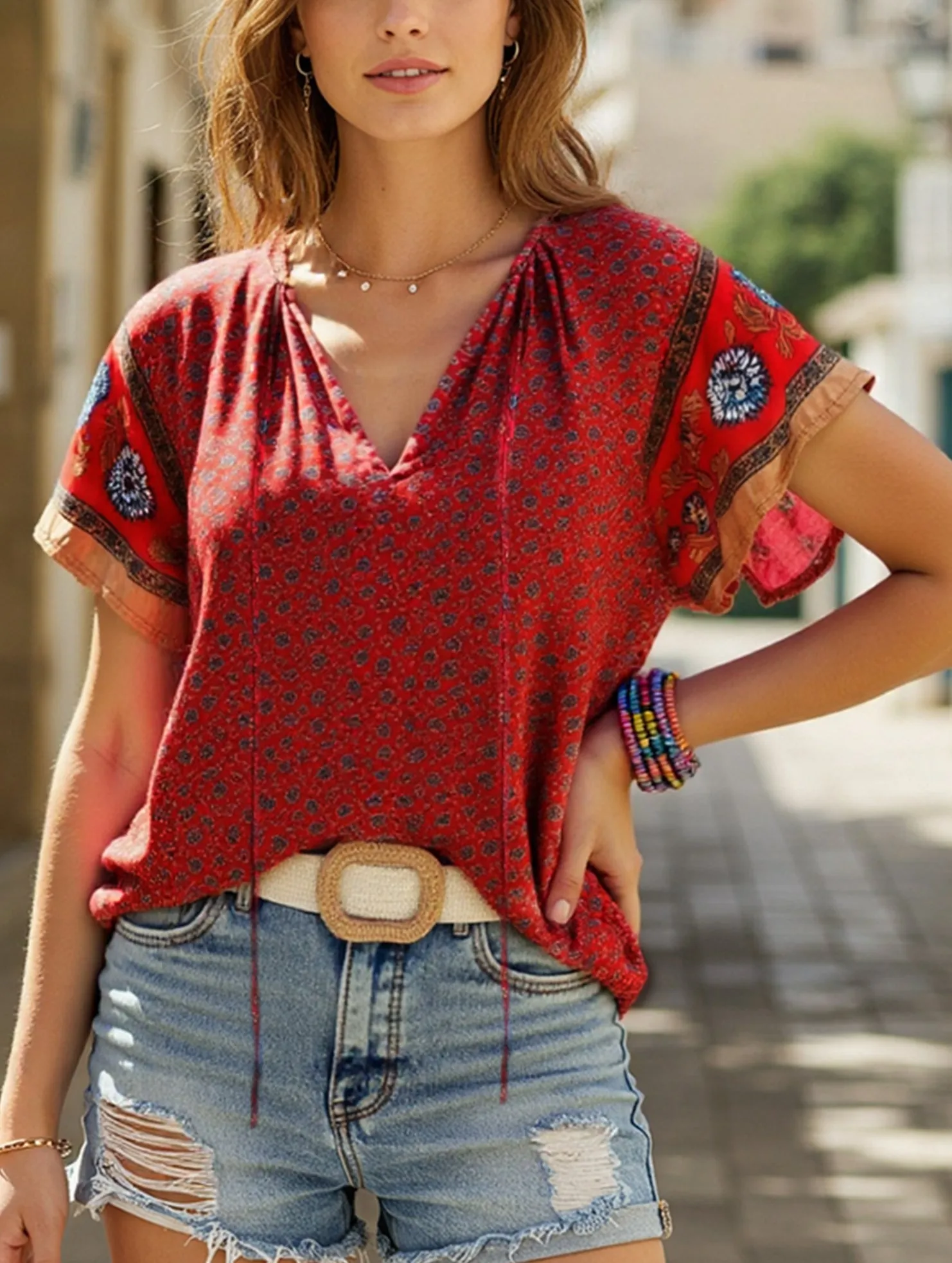 Clan Style Printed V-Neck Loose Fit Short Sleeve Shirt ??Women??s Casual Summer Top Anti Pill Finish ElasticEdgeBinding