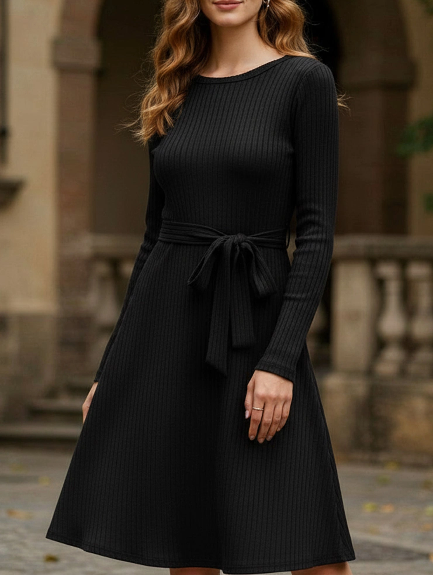 Body Ease Signature-Style Knitted belt long-sleeved dress