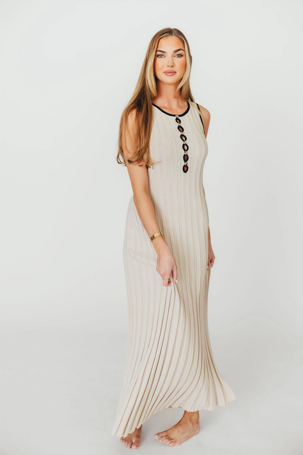 Versatile occasion dress Cafe Vibe Brianne Button Down Ribbed Knit Maxi Dress in Taupe/Black *Final-Sale*