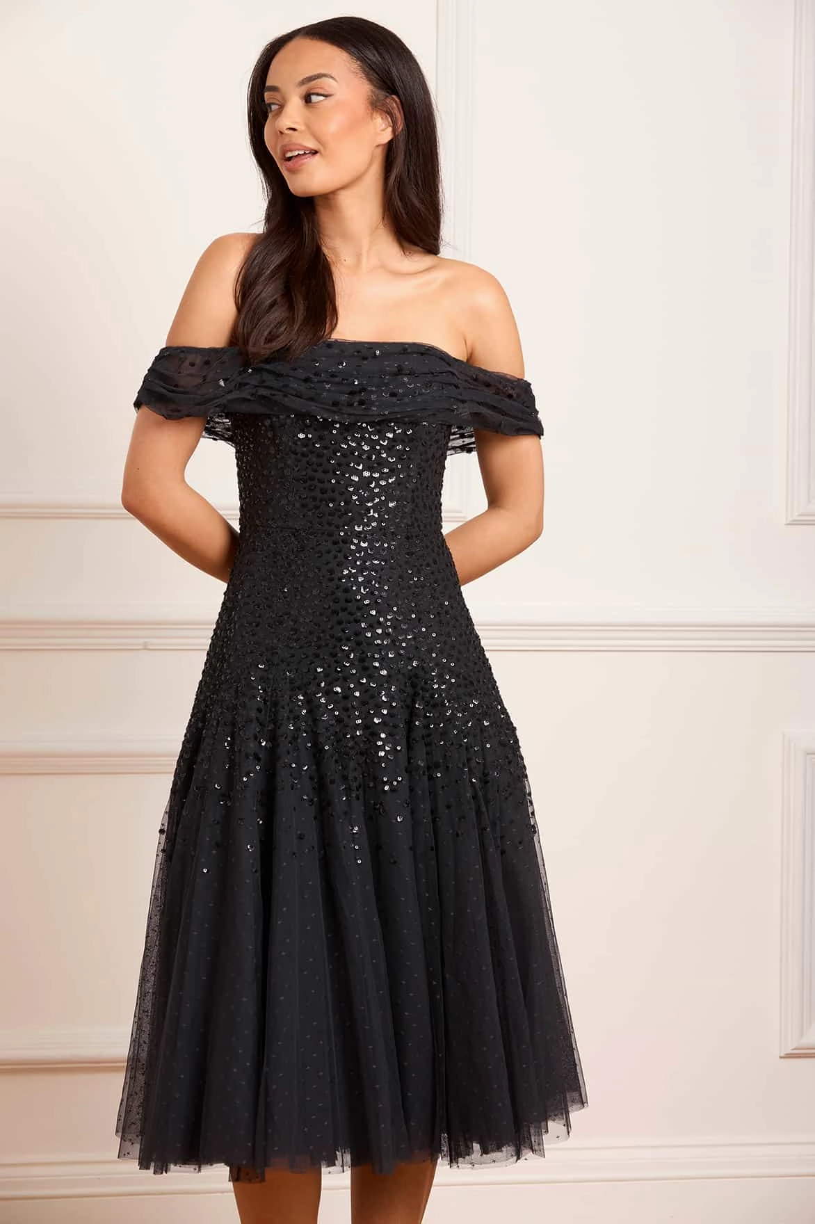 Layered Movement Lounge Fit Dappled Sequin Draped Off-Shoulder Midaxi Dress
