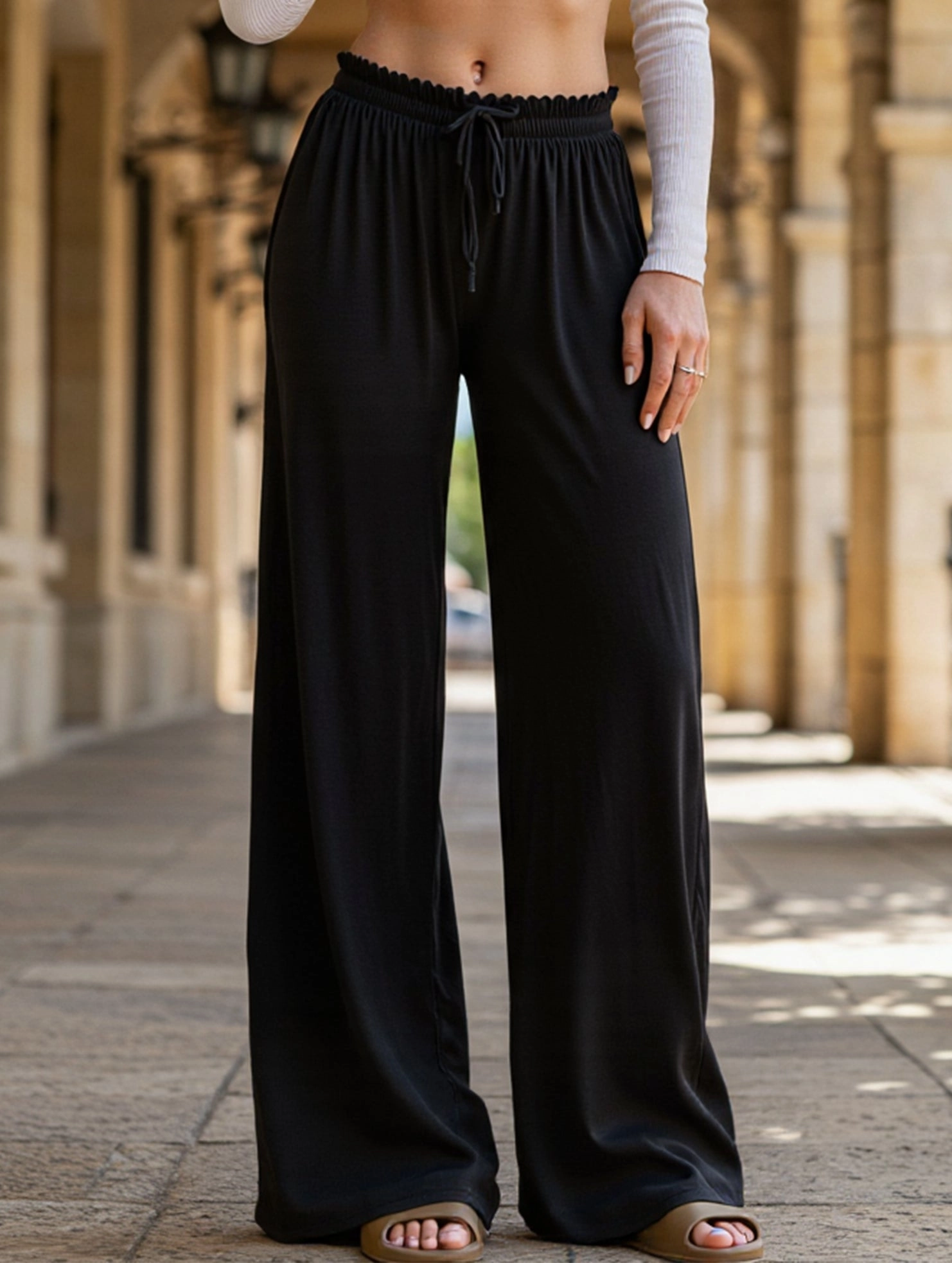 Minimalist Waist Fitted Design Solid color loose straight tube drop knit pants