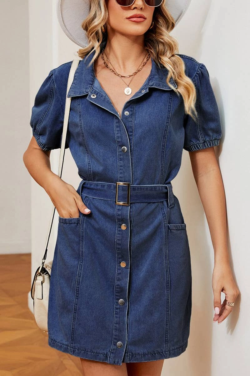 Contrast-Piping 2024 LAPLE SHORT SLEEVE BELTED DENIM SHIRT DRESS_CWDSD2575
