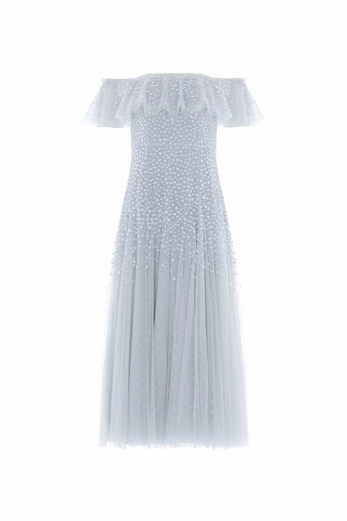 Gemstone-Detail Dappled Sequin Off-Shoulder Ballerina Dress