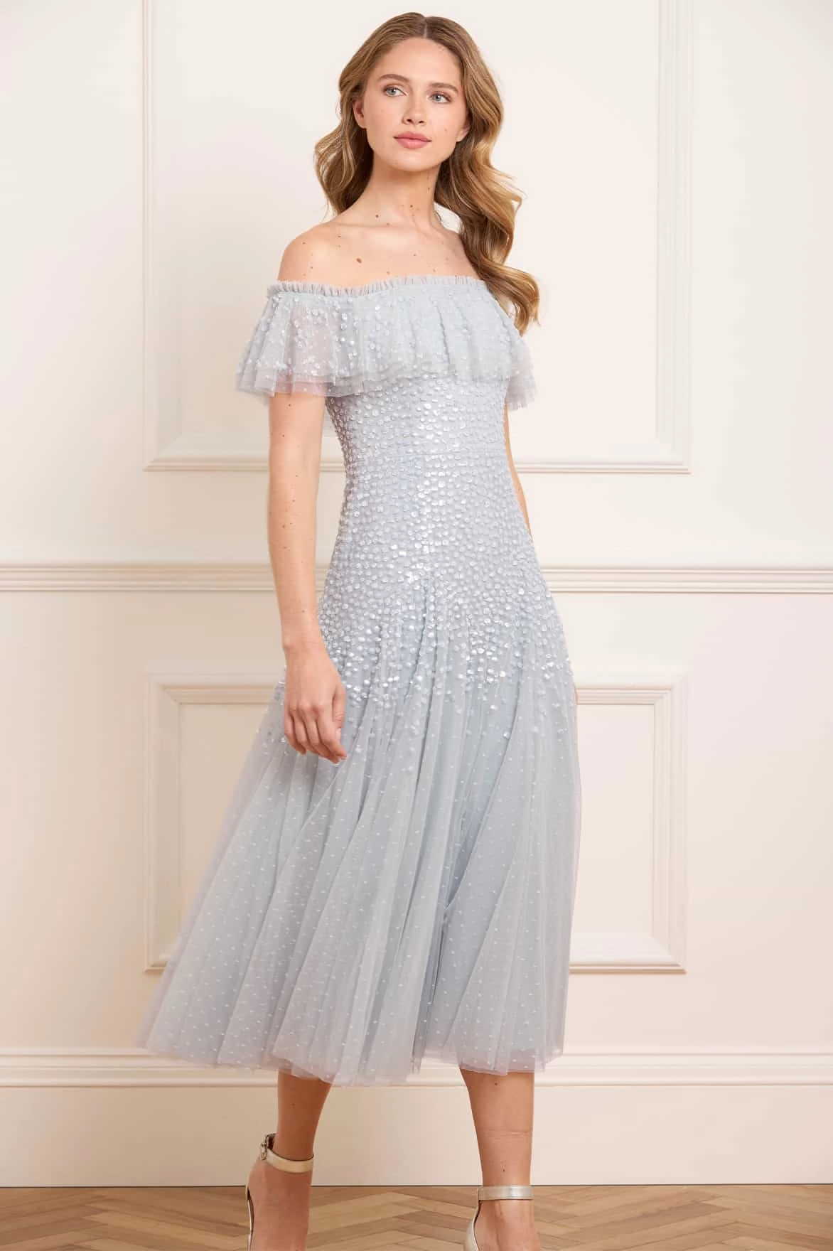 High Neck Dappled Sequin Off-Shoulder Ballerina Dress