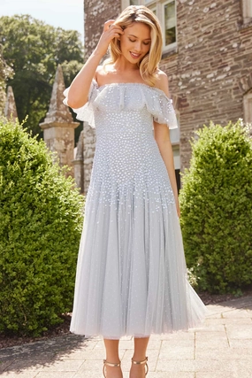 Cafe Vibe Dappled Sequin Off-Shoulder Ballerina Dress