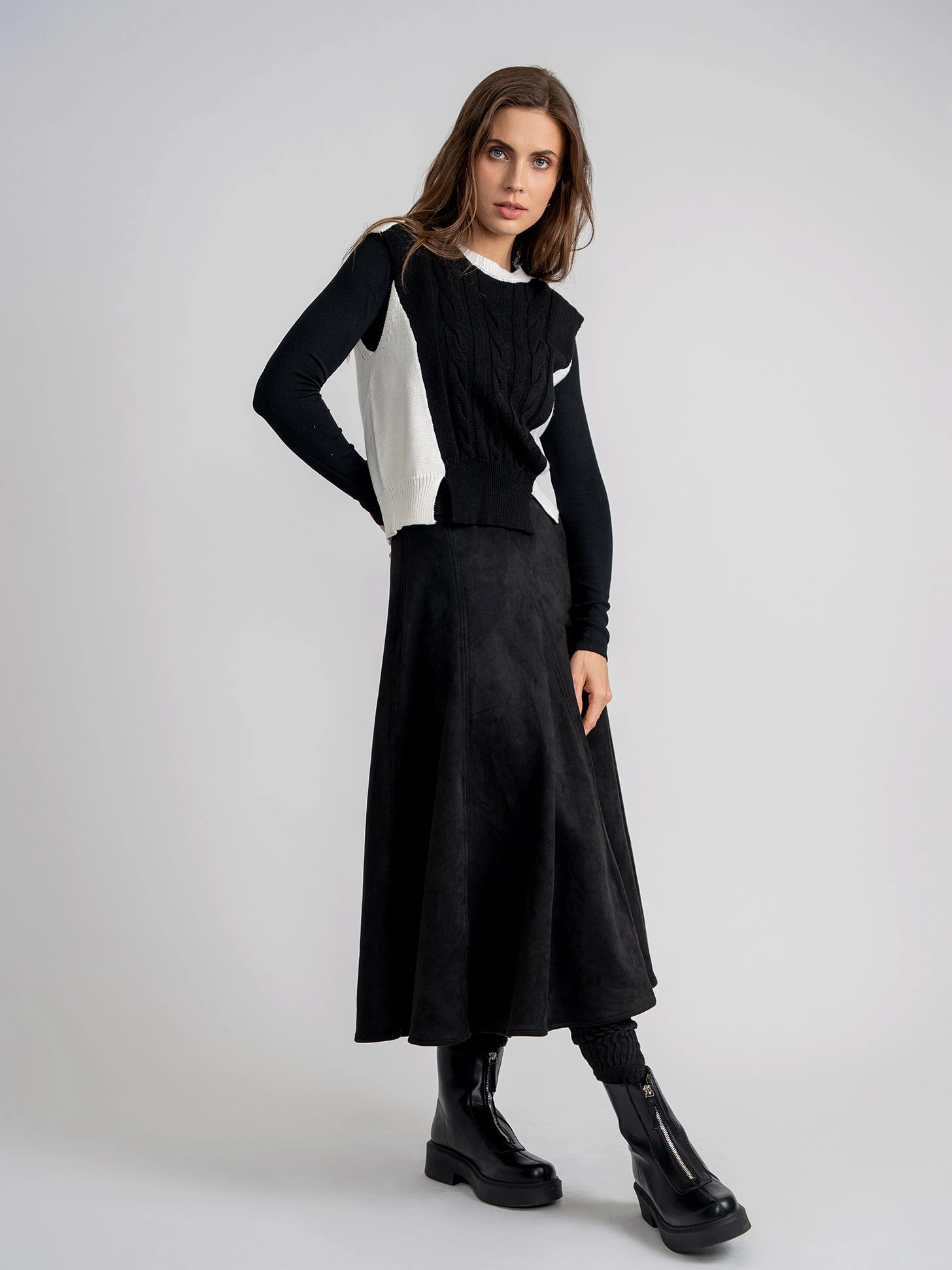 Ginger Black Suede Midi Crinkle Pleated Skirt WB5CPT7289M Flowy Drape