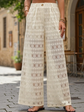 Utility pocket Anti Snag Fabric High-waisted loose lace wide-leg pants