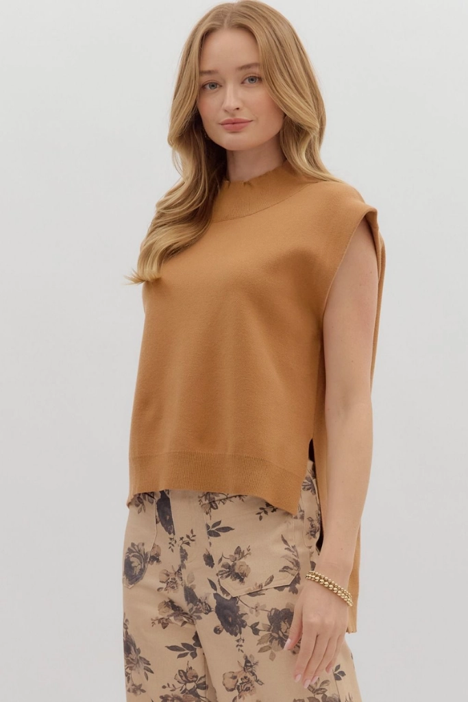 Light Reflective Printing Cleo Sleeveless Mock Neck Sweater in Camel