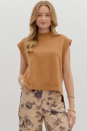 Cleo Sleeveless Mock Neck Sweater in Camel Convertible Style