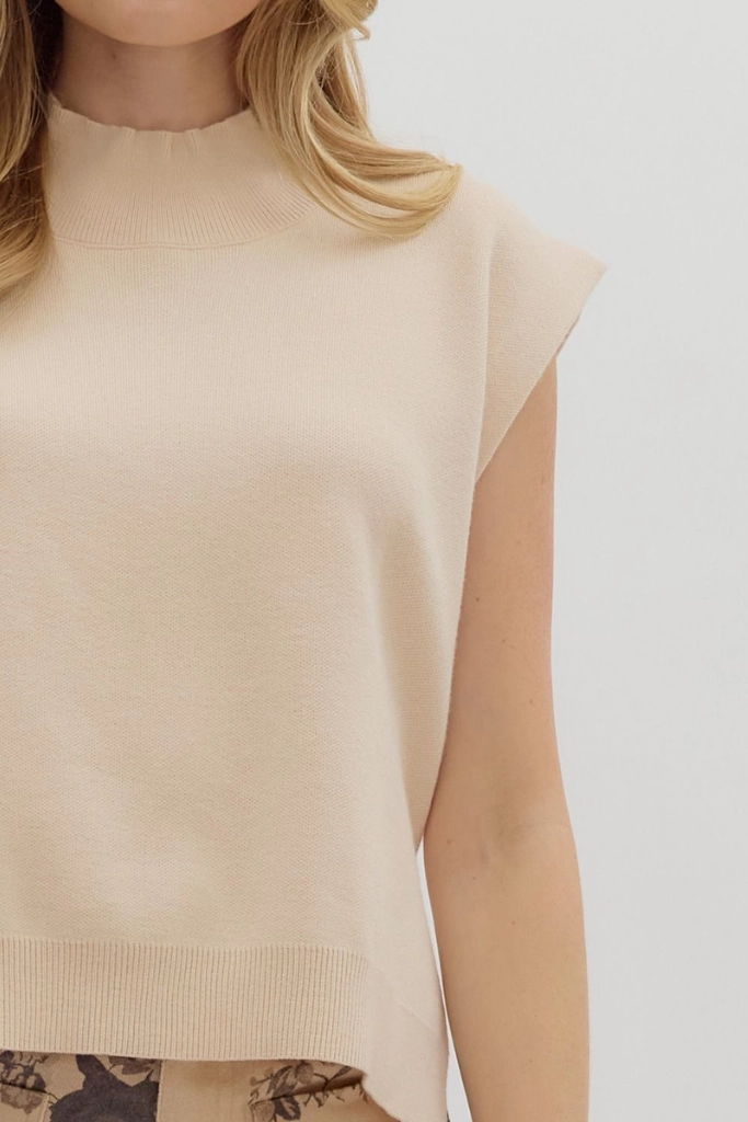 Cleo Sleeveless Mock Neck Sweater in Oatmeal NonRestrictive Armholes