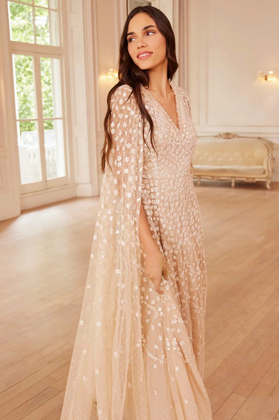 Clover Cape Sleeve Ankle Gown Evening Glow Polished Edge