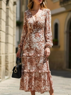 Long-sleeved V-neck slit printed dress Tailored Wear