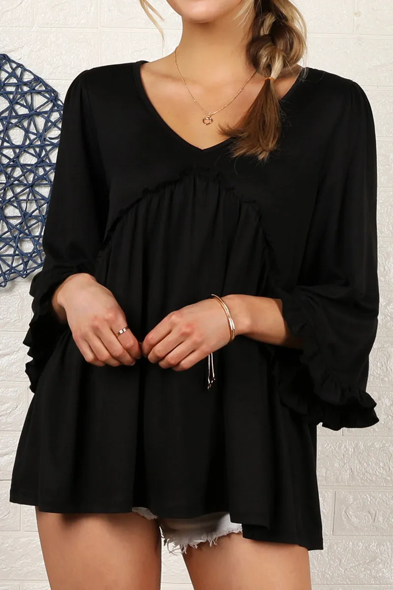 BlendMaterials DoubleStitchedHem V- NECK WITH MINI RUFFLE DETAILED FLARE TOP