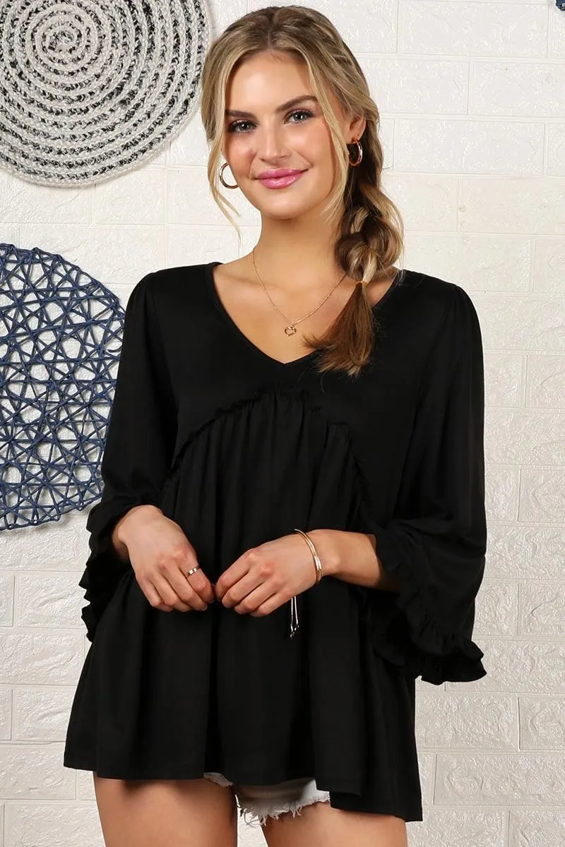 ButtonDownCollar PolyesterBlend V- NECK WITH MINI RUFFLE DETAILED FLARE TOP