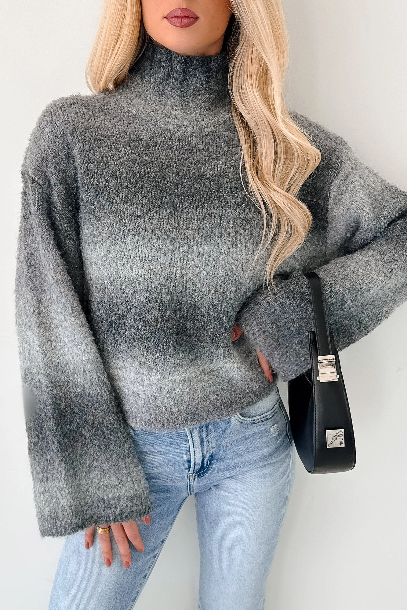 Buttery Soft Handfeel Soft Touch Fabric Cold News Ombre Turtleneck Sweater (Grey)