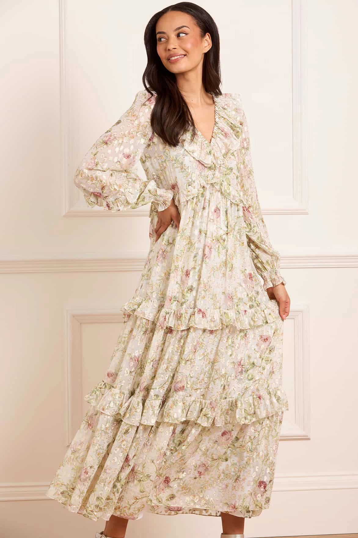 Straight-Cut Hook-And-Eye Colette's Rose Cherie Lurex Ankle Gown