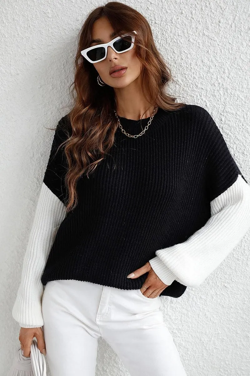 COLOR BLOCK SLEEVE KNIT WARM SWEATER Petal Sleeve Architecture Interlock Weave
