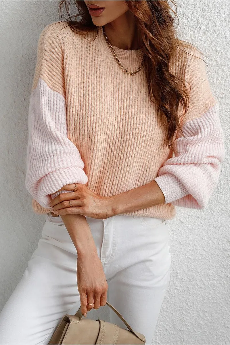 COLOR BLOCK SLEEVE KNIT WARM SWEATER NoRoll Hem Technology