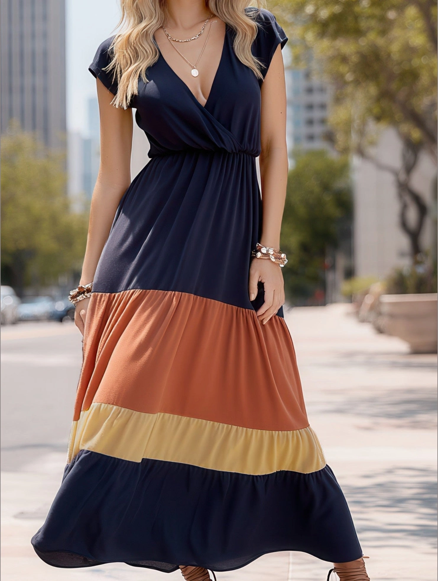 Cold-Shoulder COLOR-CODED SHORT-SLEEVED V-NECK LONG-WAIST DRESS