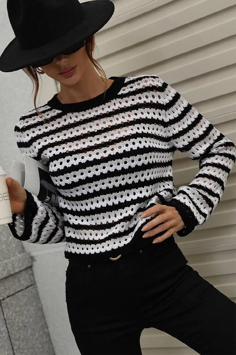 Breathable Knit Fabric HighStretchElastic COLORED STRIPE KNIT SWEATER TOP