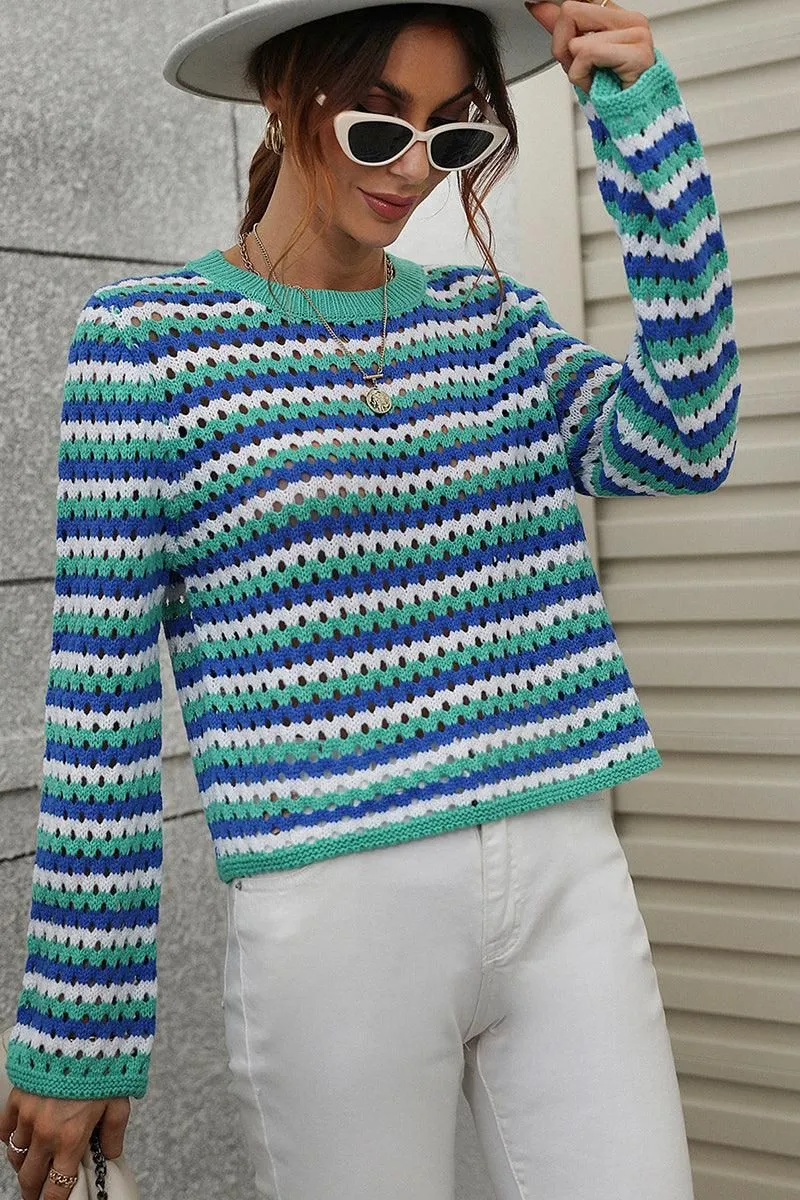 Flexible Ribbed Cuffs COLORED STRIPE KNIT SWEATER TOP
