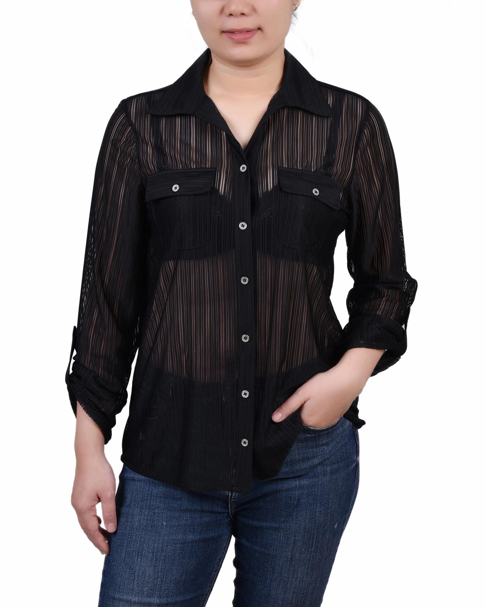 Lightweight Weave Material AntiPill Finish Petite Long Roll Tab Sleeve Burnout Knit Top