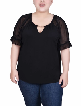 Snag Free Fabric WaterRepellent Finish Plus Size Short Ruffle Sleeve Top With Rhinestones