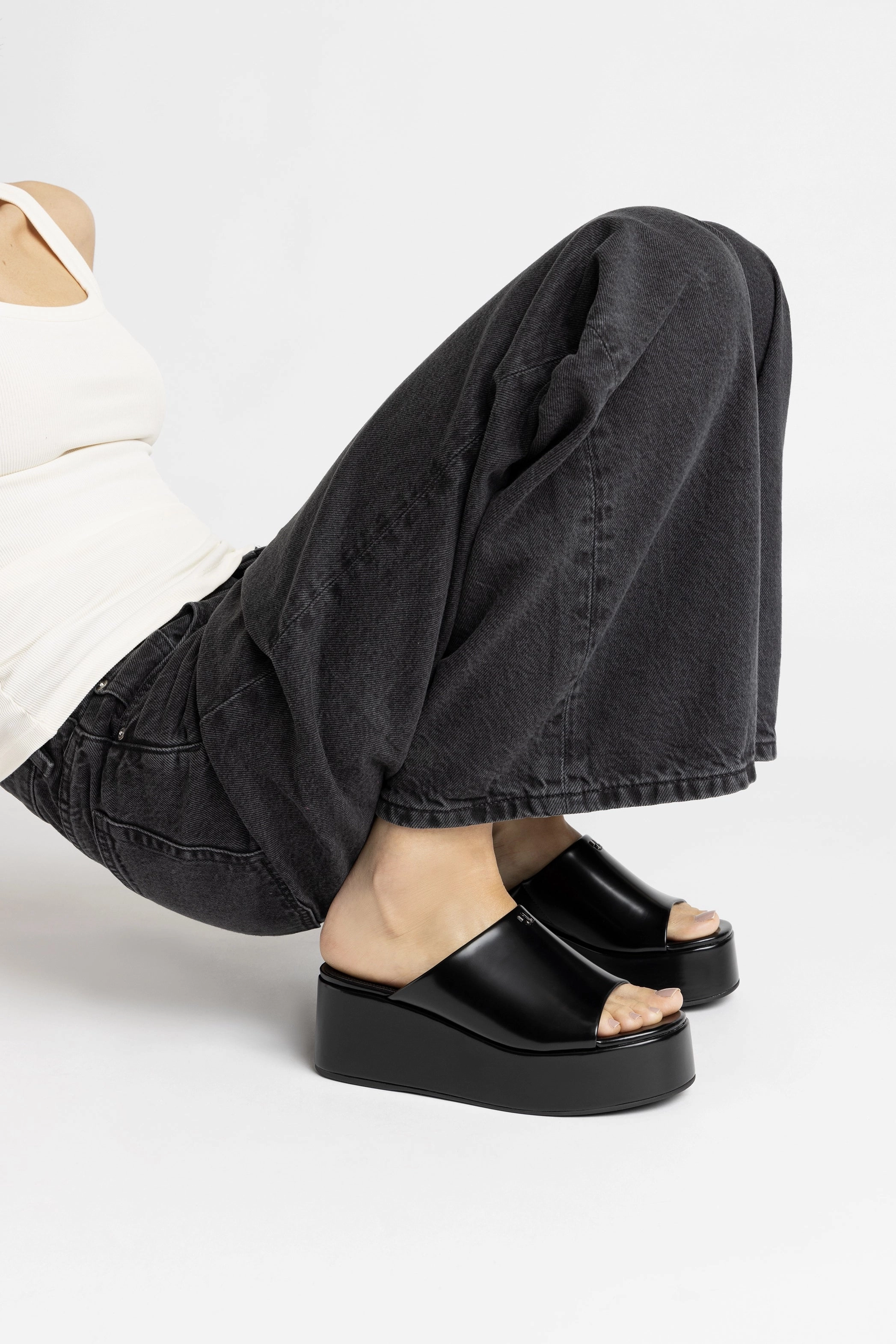 Charli Box Mule In Black Leather Cross Road