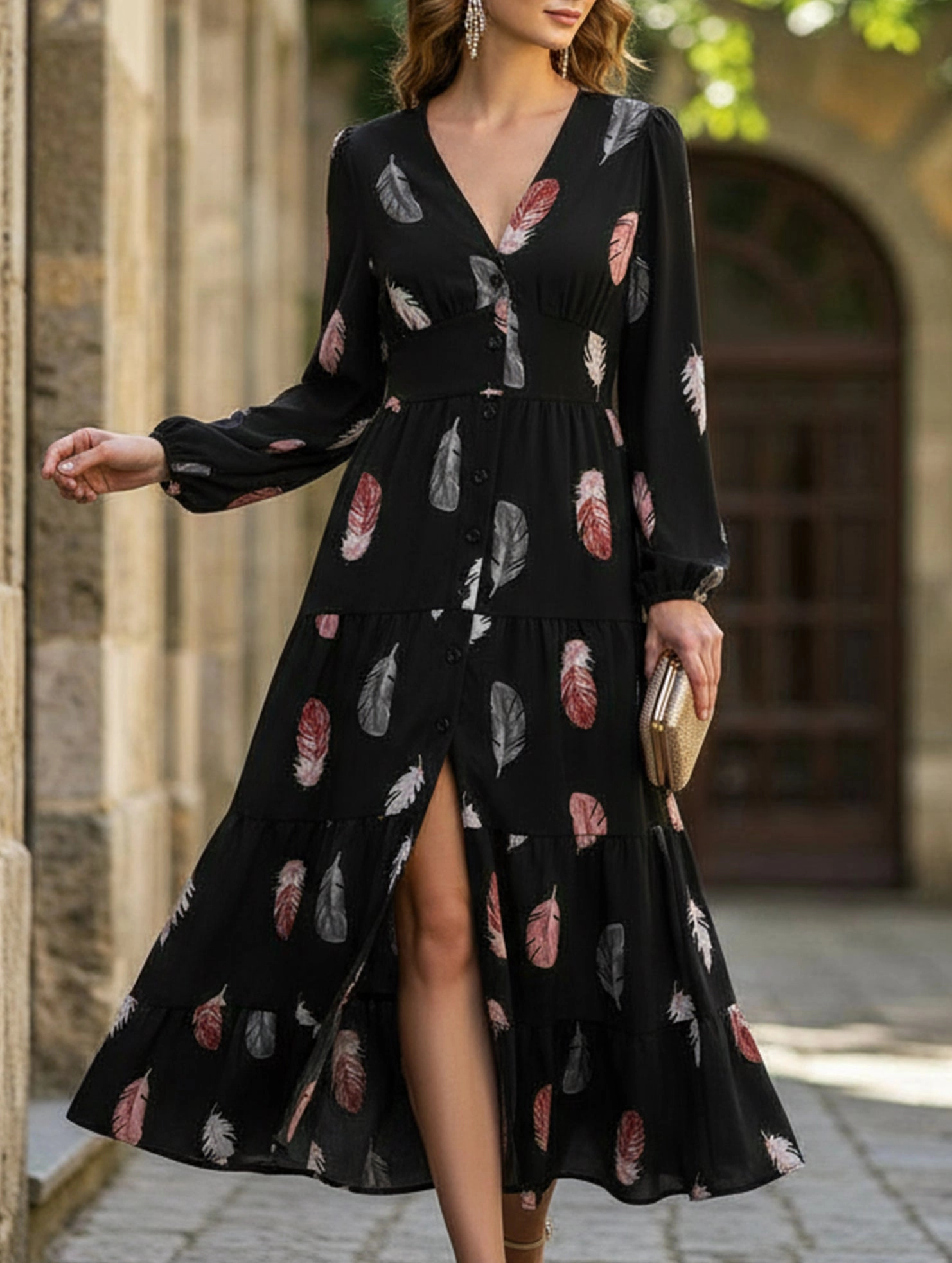 Colorful feather print three-quarter sleeve dress Pure Aesthetic Fall Style