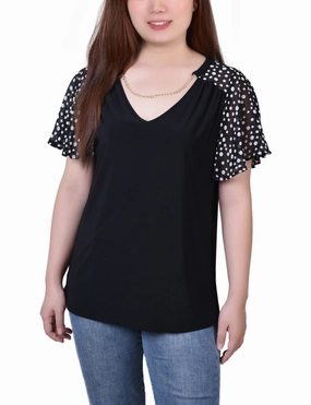 RibbedTrims Breathable mesh panel Combo Chiffon-Sleeve V Neck Top