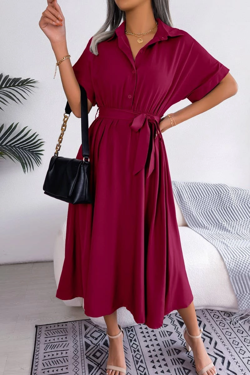 CASUAL LOOSE SOLID COLOR LACE UP SHIRT LONG DRESS_CWDSD2508 Light Fabric