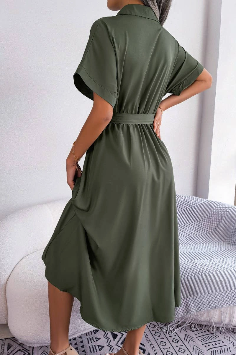 Timeless elegance CASUAL LOOSE SOLID COLOR LACE UP SHIRT LONG DRESS_CWDSD2508