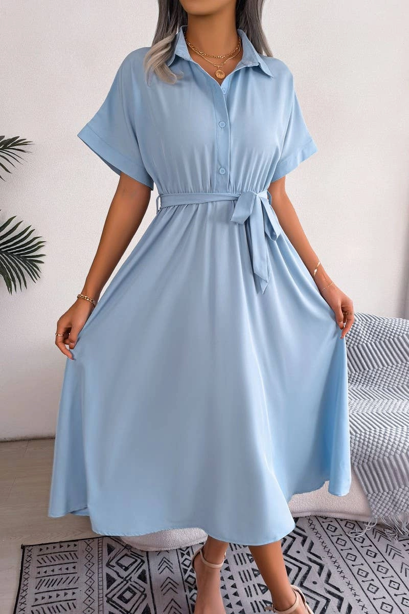 CASUAL LOOSE SOLID COLOR LACE UP SHIRT LONG DRESS_CWDSD2508 Night Party