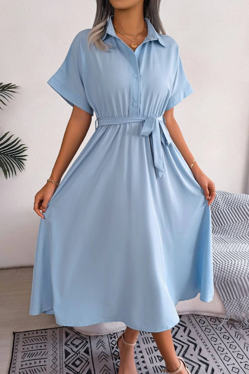 CASUAL LOOSE SOLID COLOR LACE UP SHIRT LONG DRESS_CWDSD2508 Skin Tone