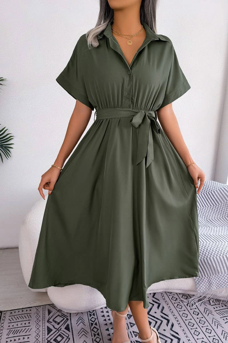 CASUAL LOOSE SOLID COLOR LACE UP SHIRT LONG DRESS_CWDSD2508 everyday staple Classy Look