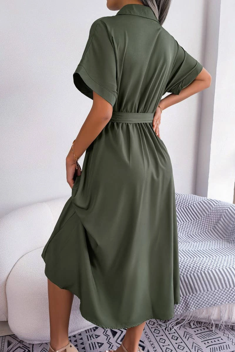 Versatile Fit CASUAL LOOSE SOLID COLOR LACE UP SHIRT LONG DRESS_CWDSD2508