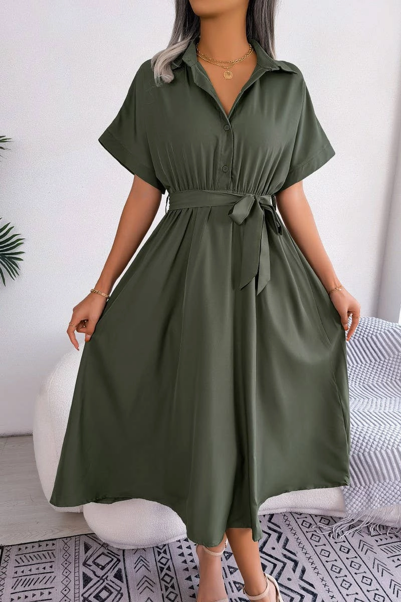 CASUAL LOOSE SOLID COLOR LACE UP SHIRT LONG DRESS_CWDSD2508 Relax Comfort
