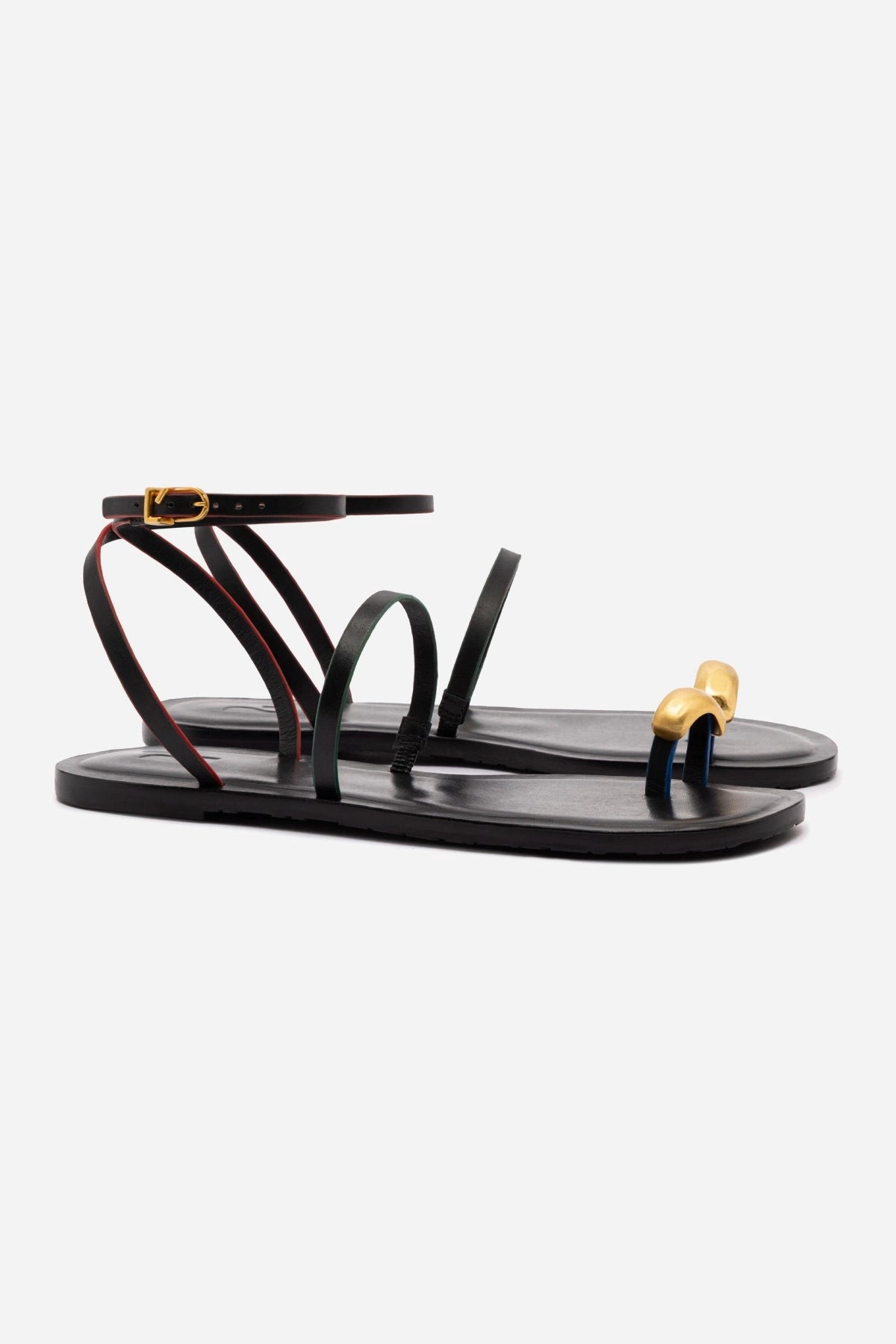 Biarritz Flat Sandal In Black Leather Comfort Strap Height Plus