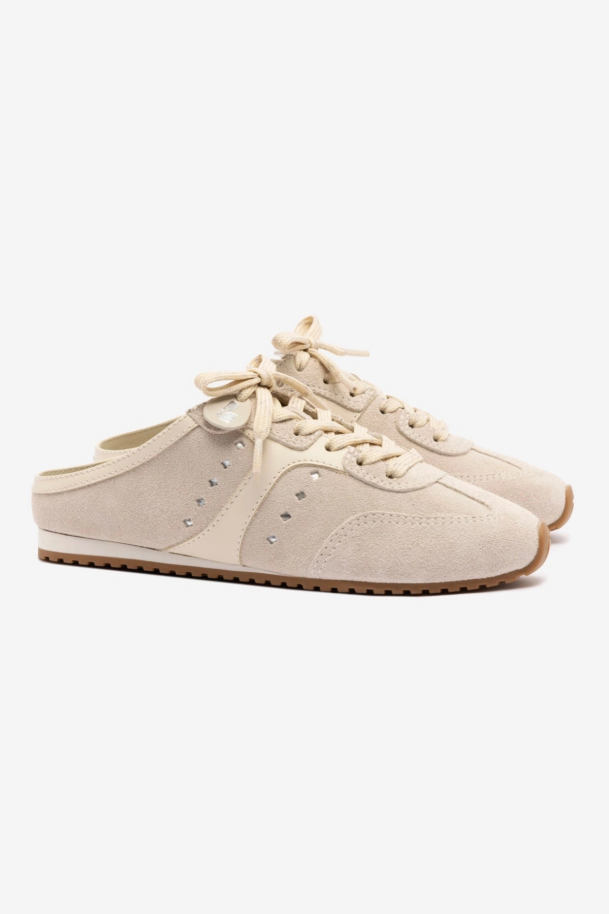 Lightweight Form Rainy Day Pond Walk Stella Mule In Mushroom Grey Suede and Ivory Leather